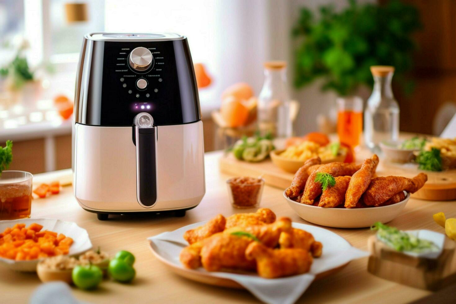 Realistic photo of air fryer on a table full of ric 30625921 Stock