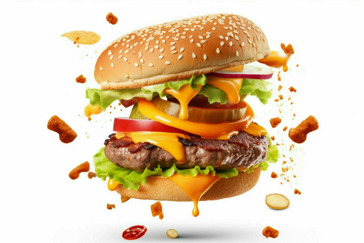 Realistic burger with flying ingredients Isolated photo