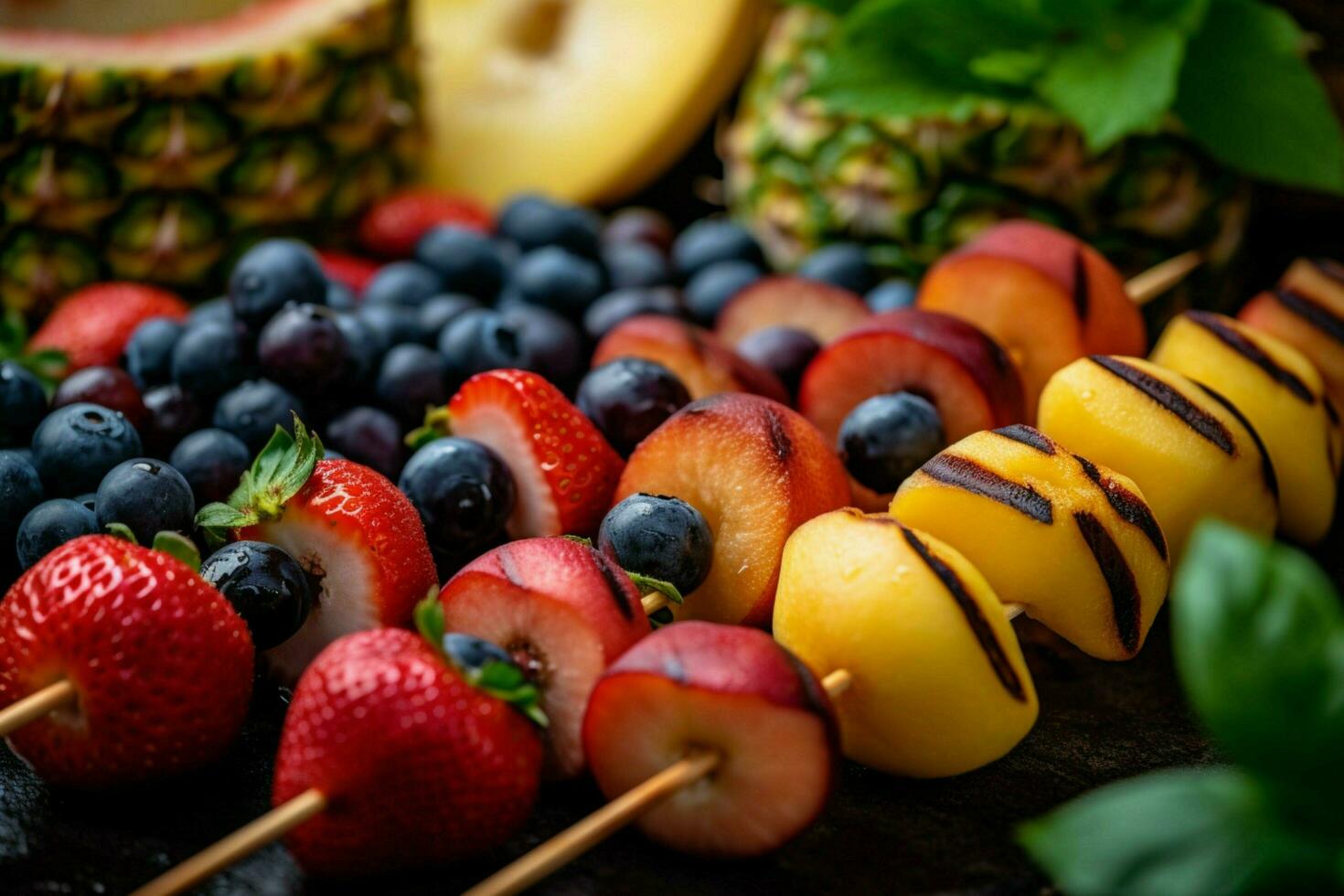Skewers of fresh fruit including pineapple peach an photo