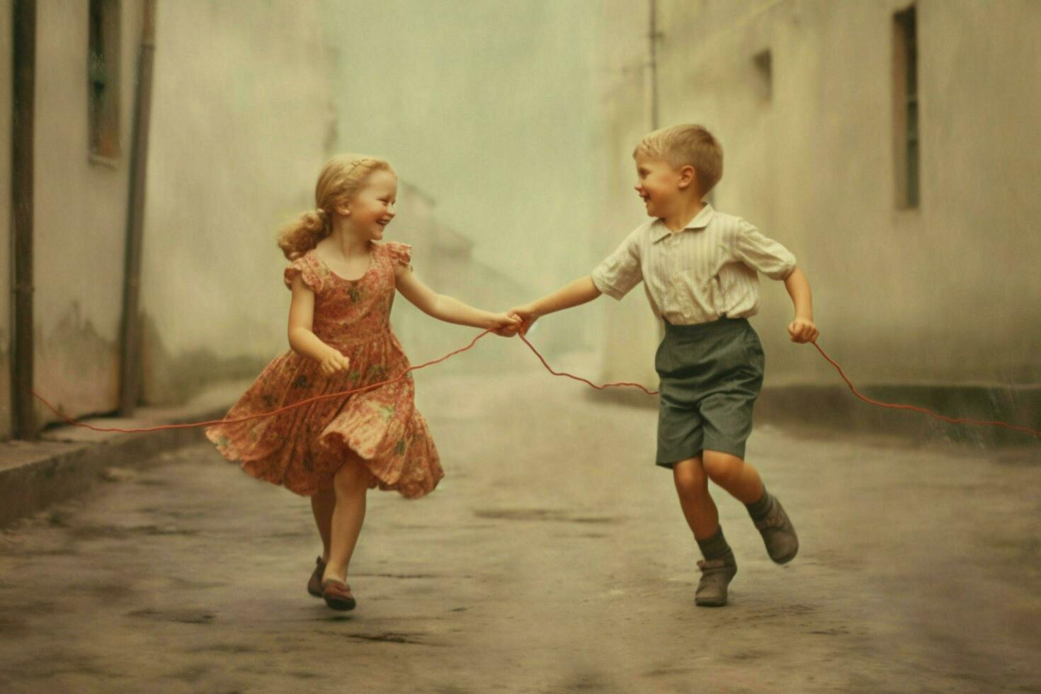 Smiling children holding hands and skipping photo