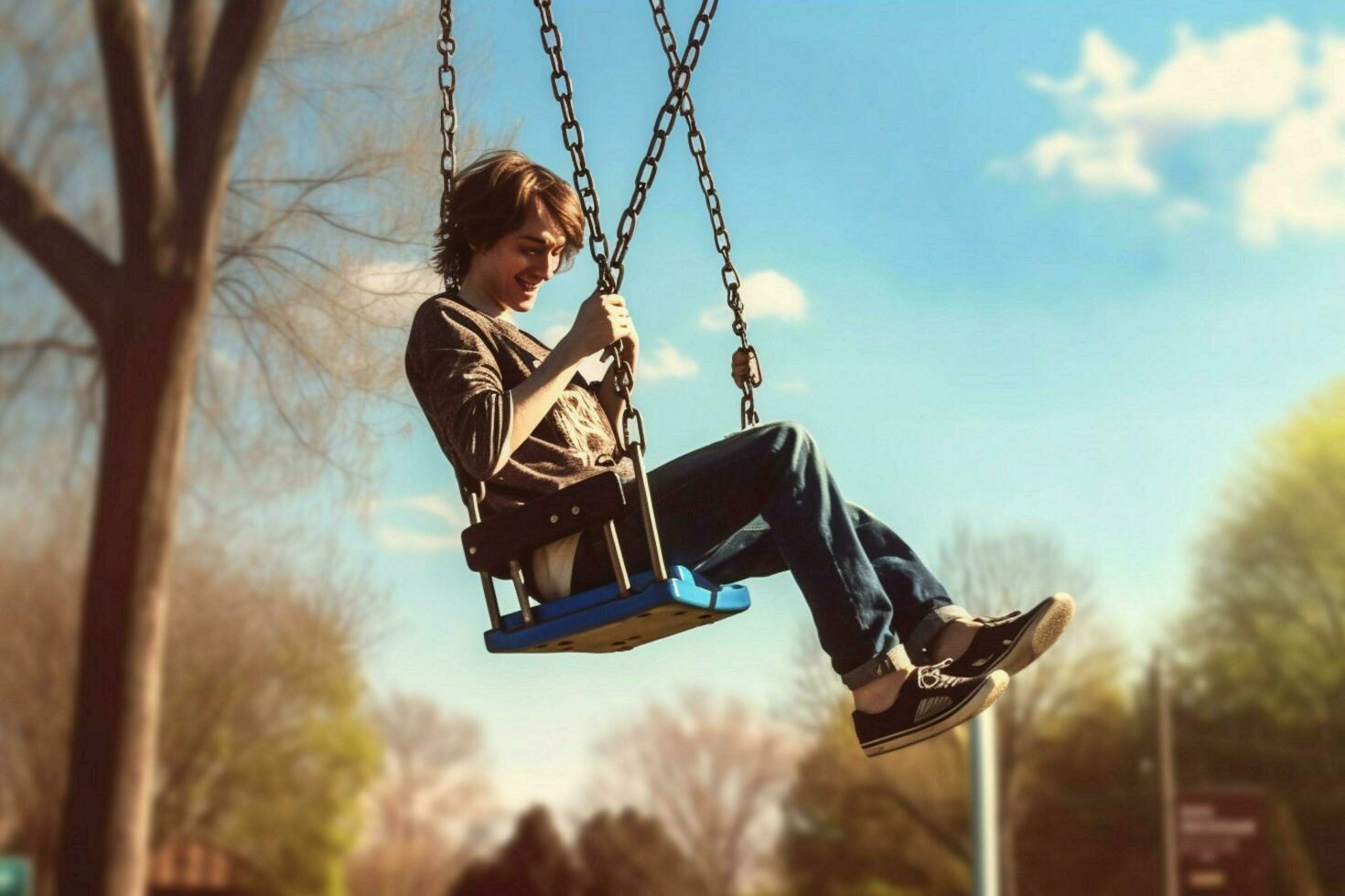 Swinging high on a swing set photo