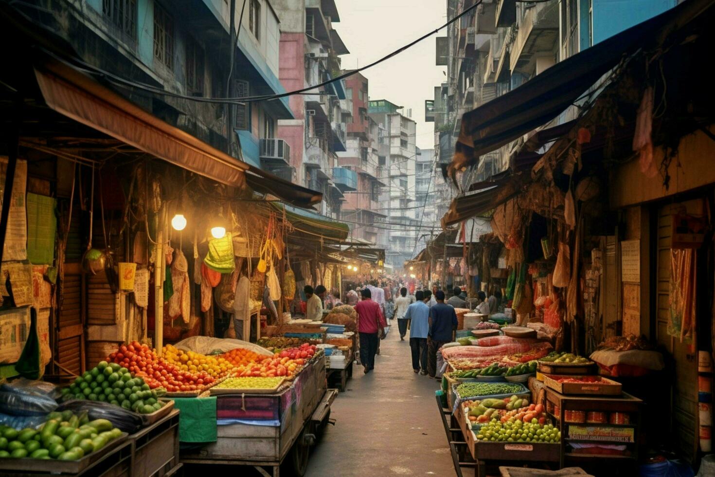 el bullicioso mercados en el corazón de un ciudad foto