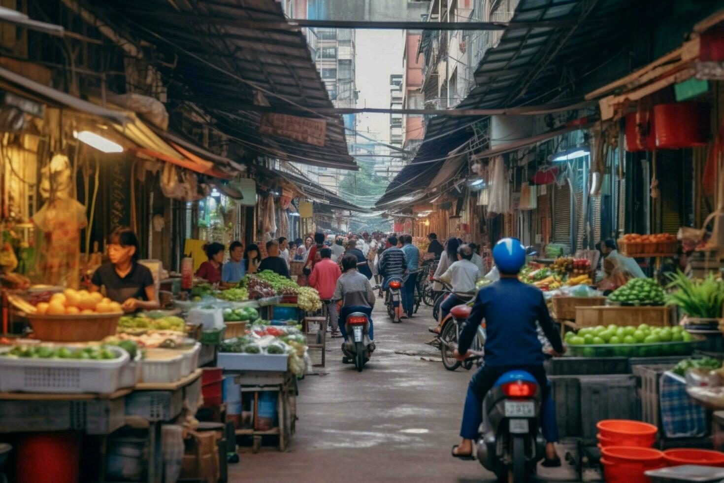 el bullicioso mercados en el corazón de un ciudad foto