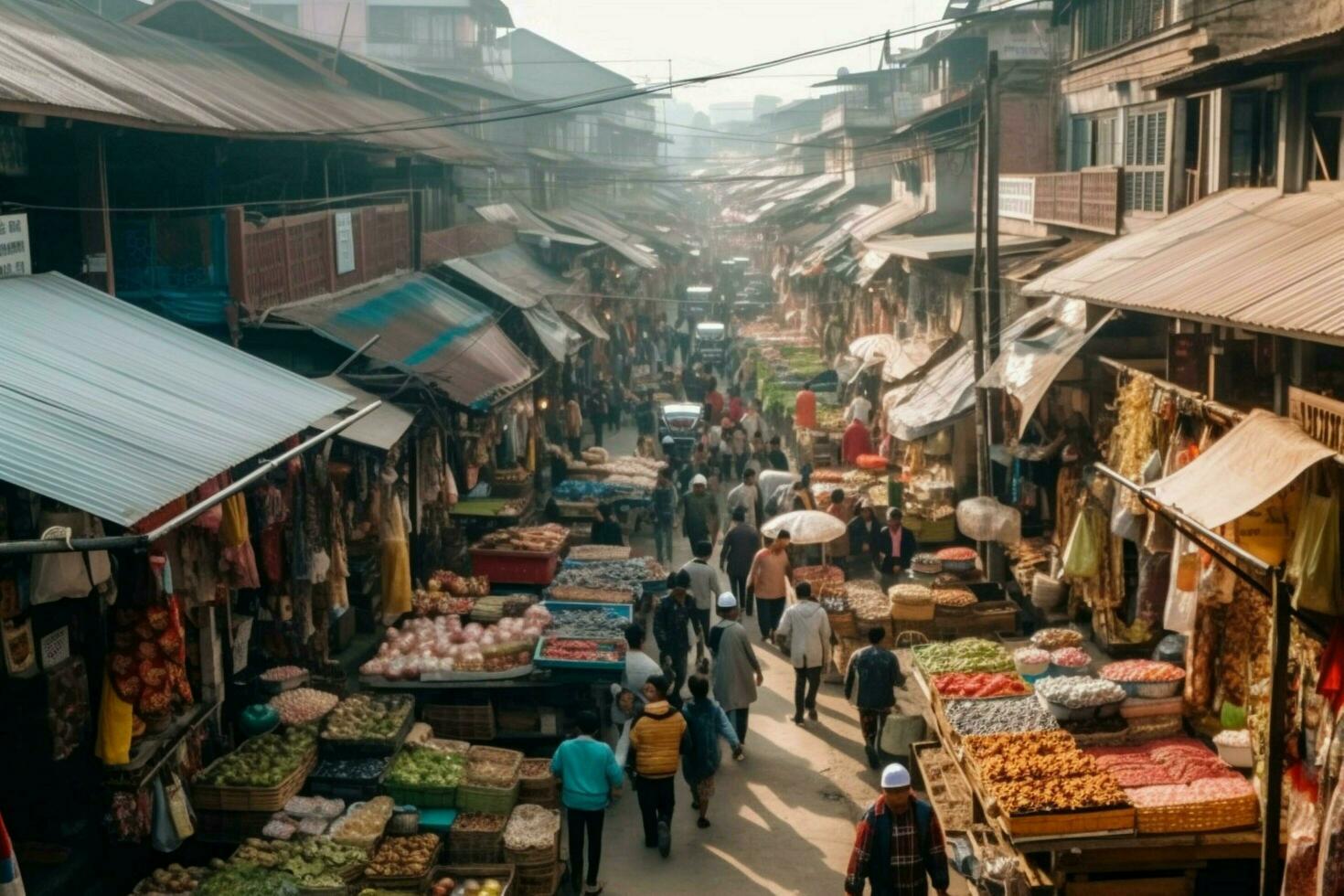el bullicioso mercados en el corazón de un ciudad foto