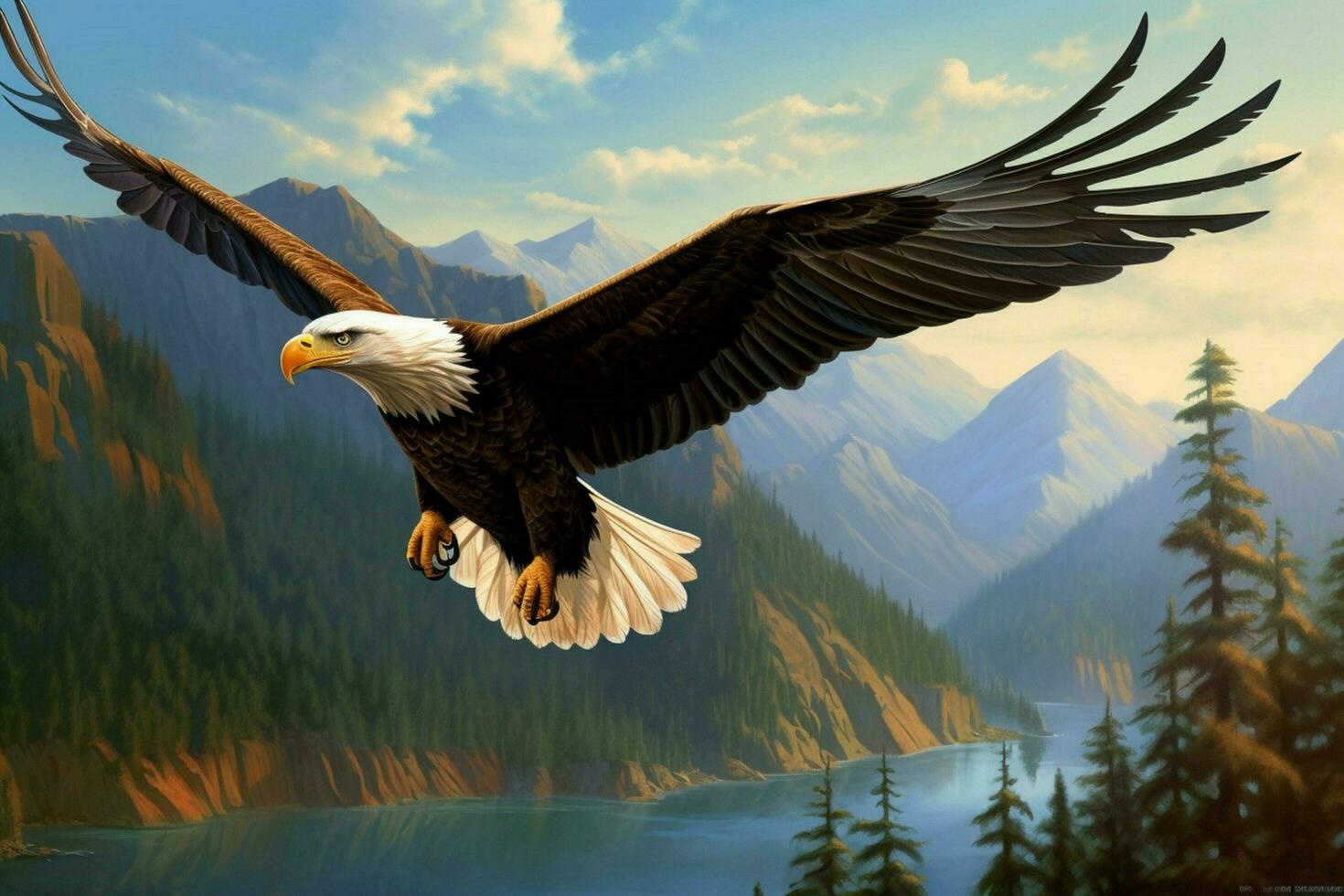 The soaring majesty of a bald eagle flying over sum photo