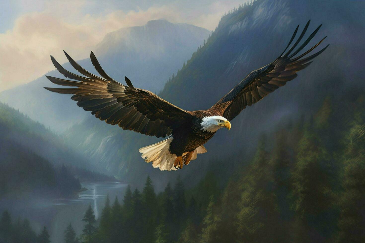 The soaring majesty of a bald eagle flying over sum photo