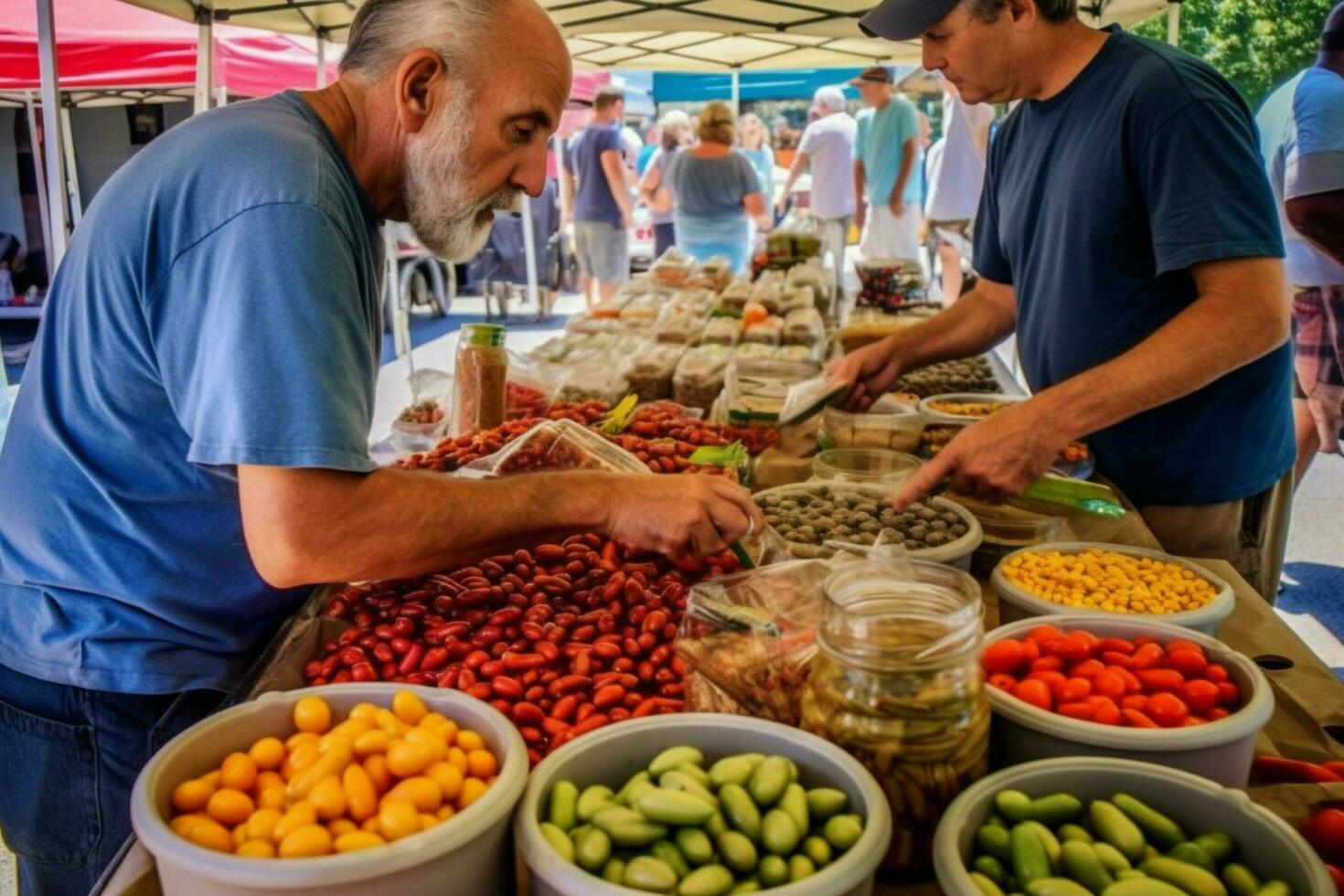 molesto nuevo comidas a un agricultores mercado foto