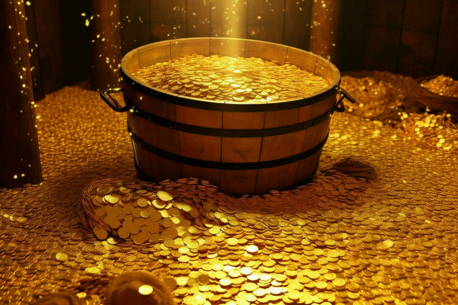 a barrel of gold coins is filled with gold coins photo