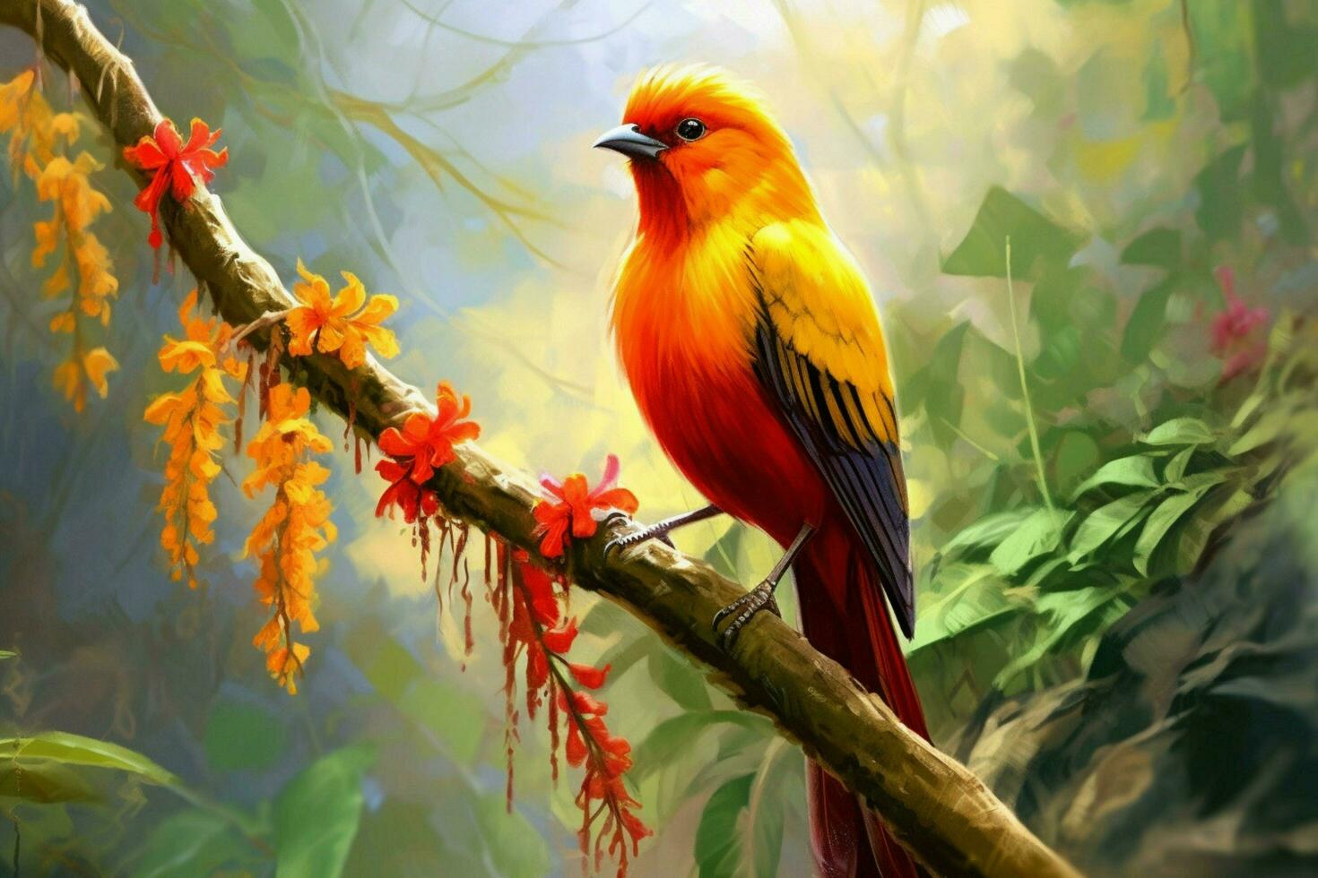 a bird with a yellow head and red feathers sits o photo