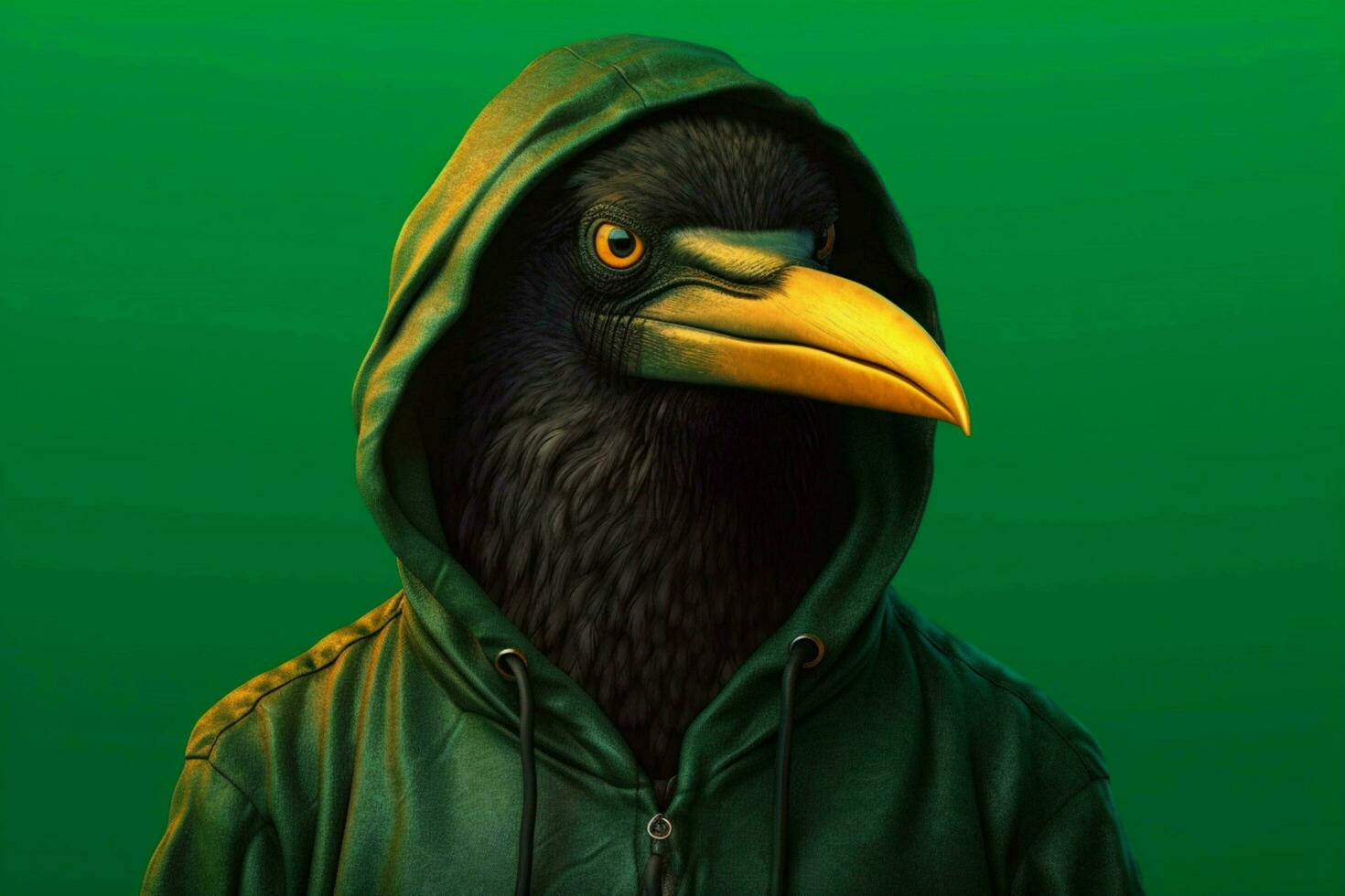 a black bird wearing a hoodie with a green background photo