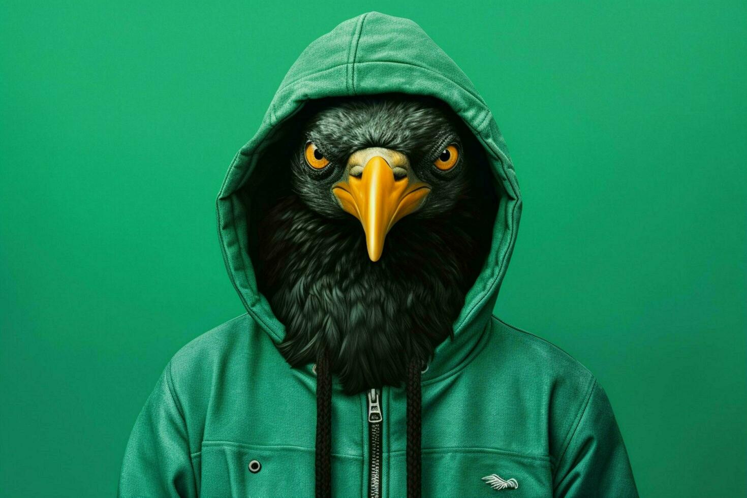 a black bird wearing a hoodie with a green background photo