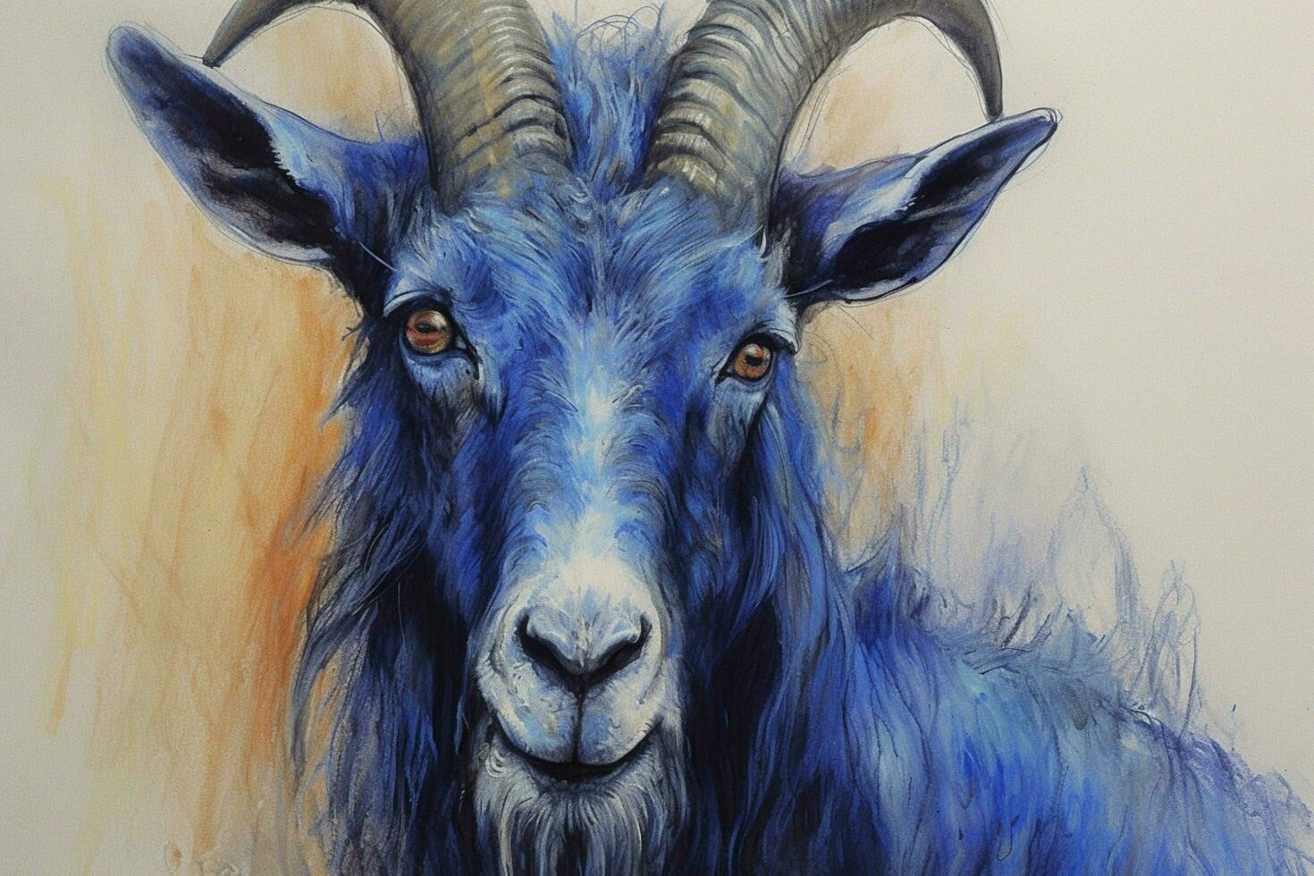 a blue and yellow drawing of a goat with a blue f photo