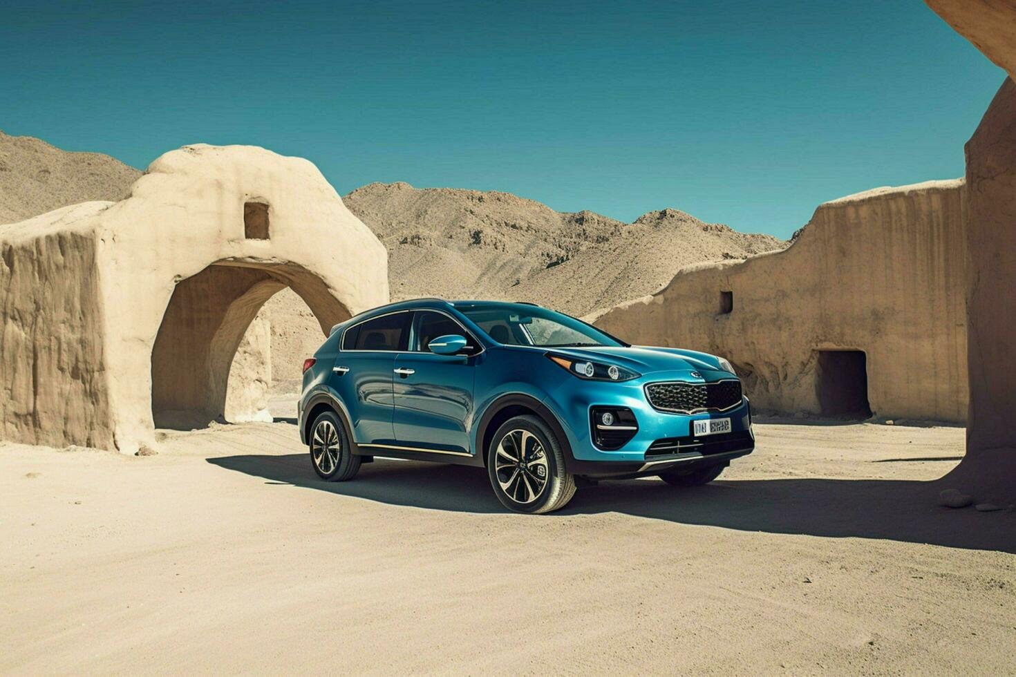 a blue kia sportage is parked under a bridge in the photo