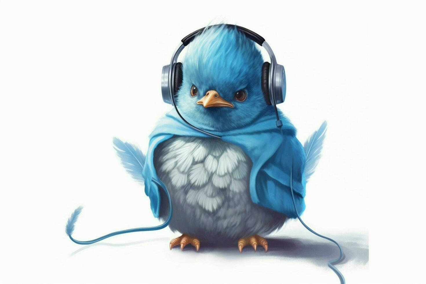 a blue bird with headphones and a hoodie that say photo