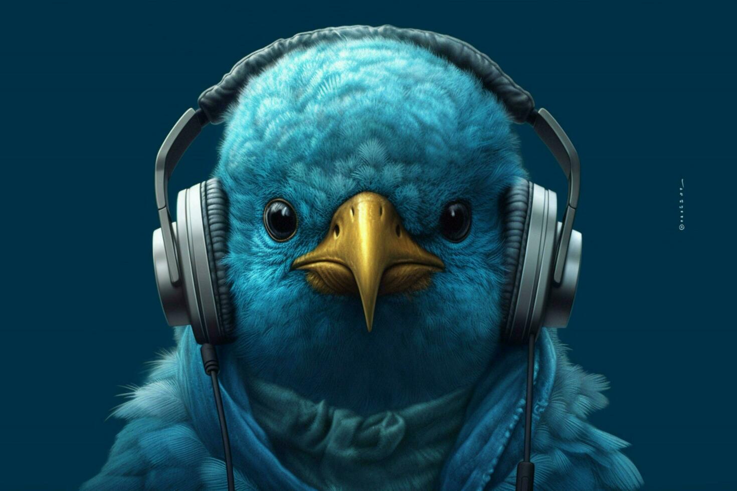 a blue bird with headphones and a hoodie that say photo