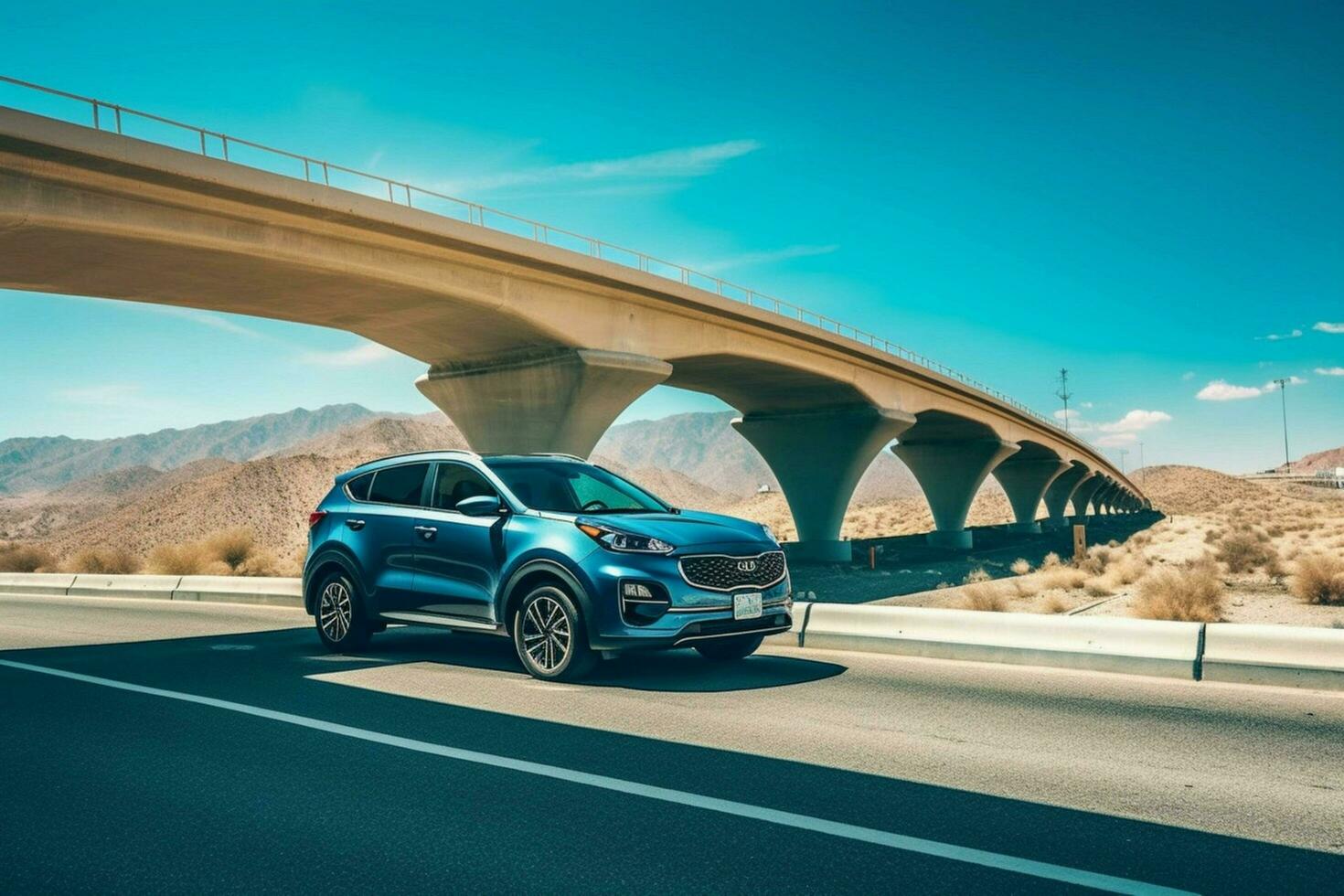 a blue kia sportage is parked under a bridge in t photo