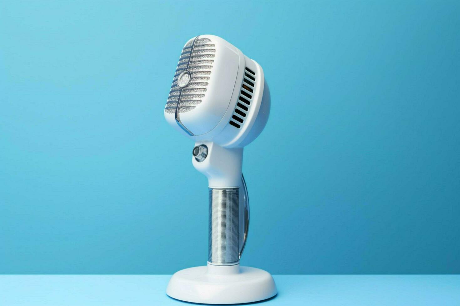 a blue microphone with a white speaker on top of photo