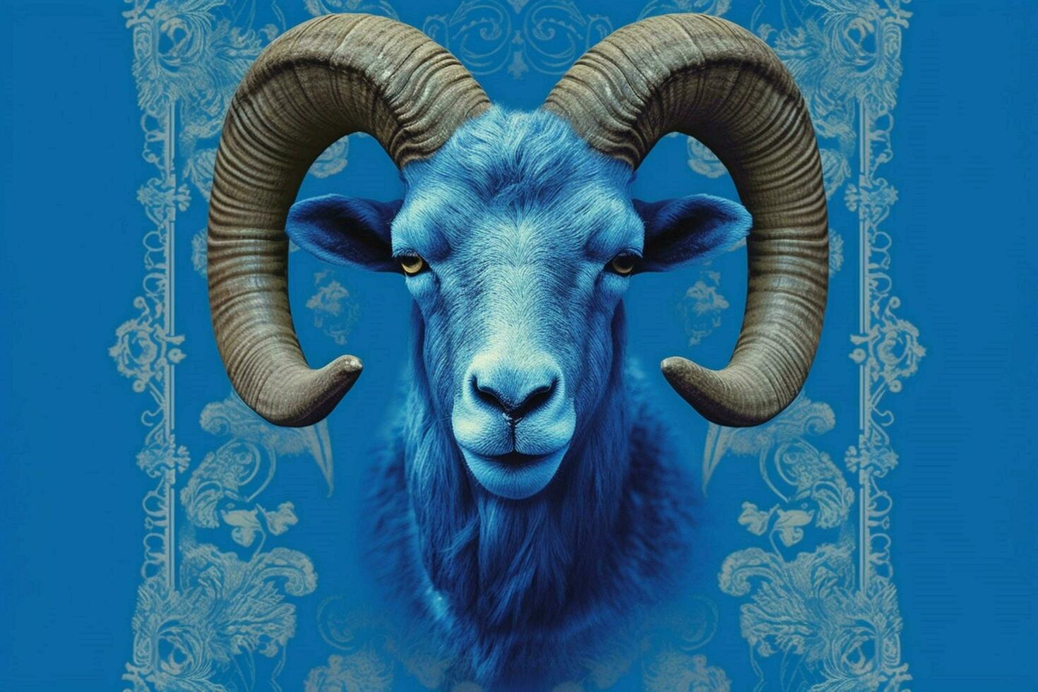 a blue poster with a goats face and the word ram photo