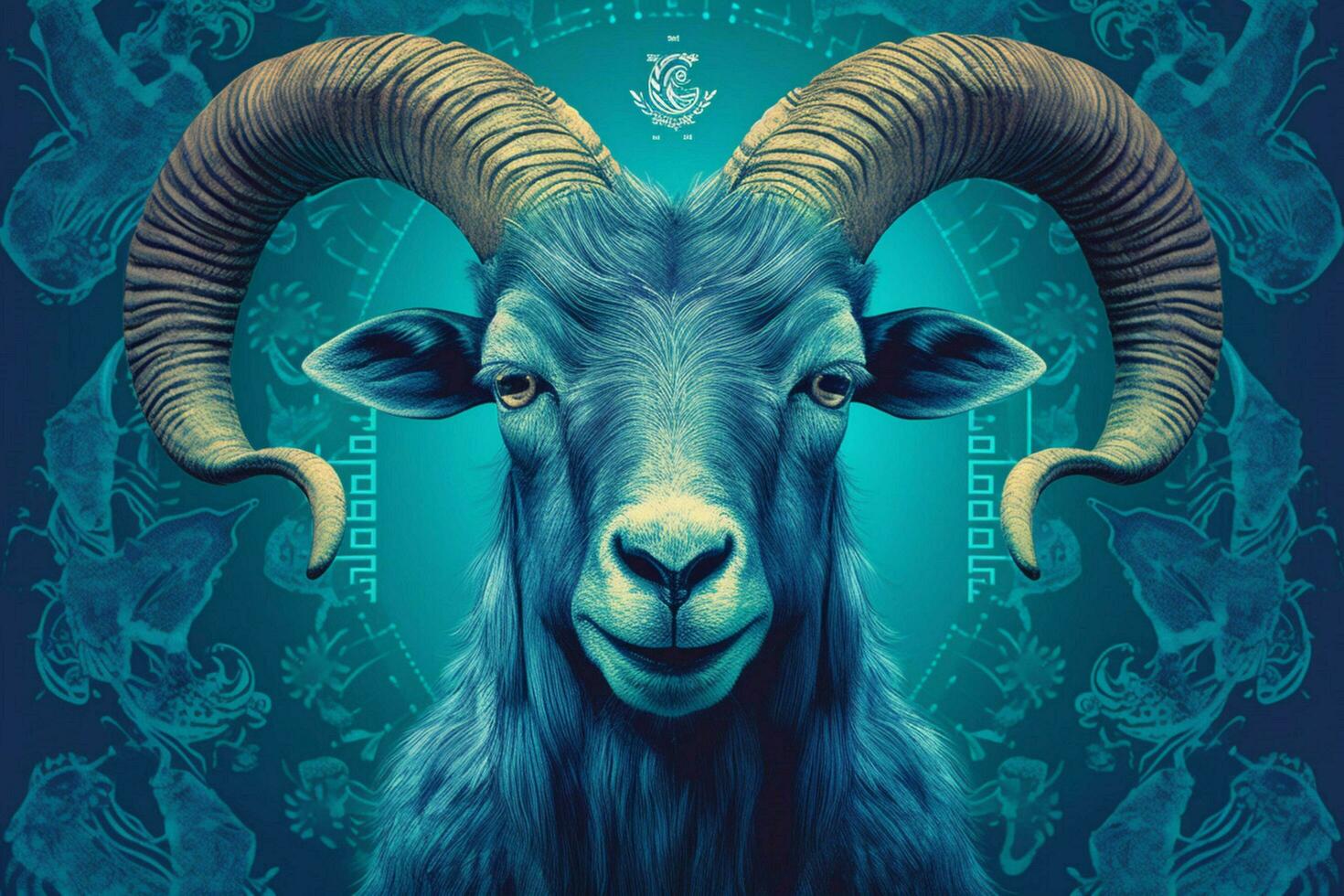 a blue poster with a goats face and the word ram photo