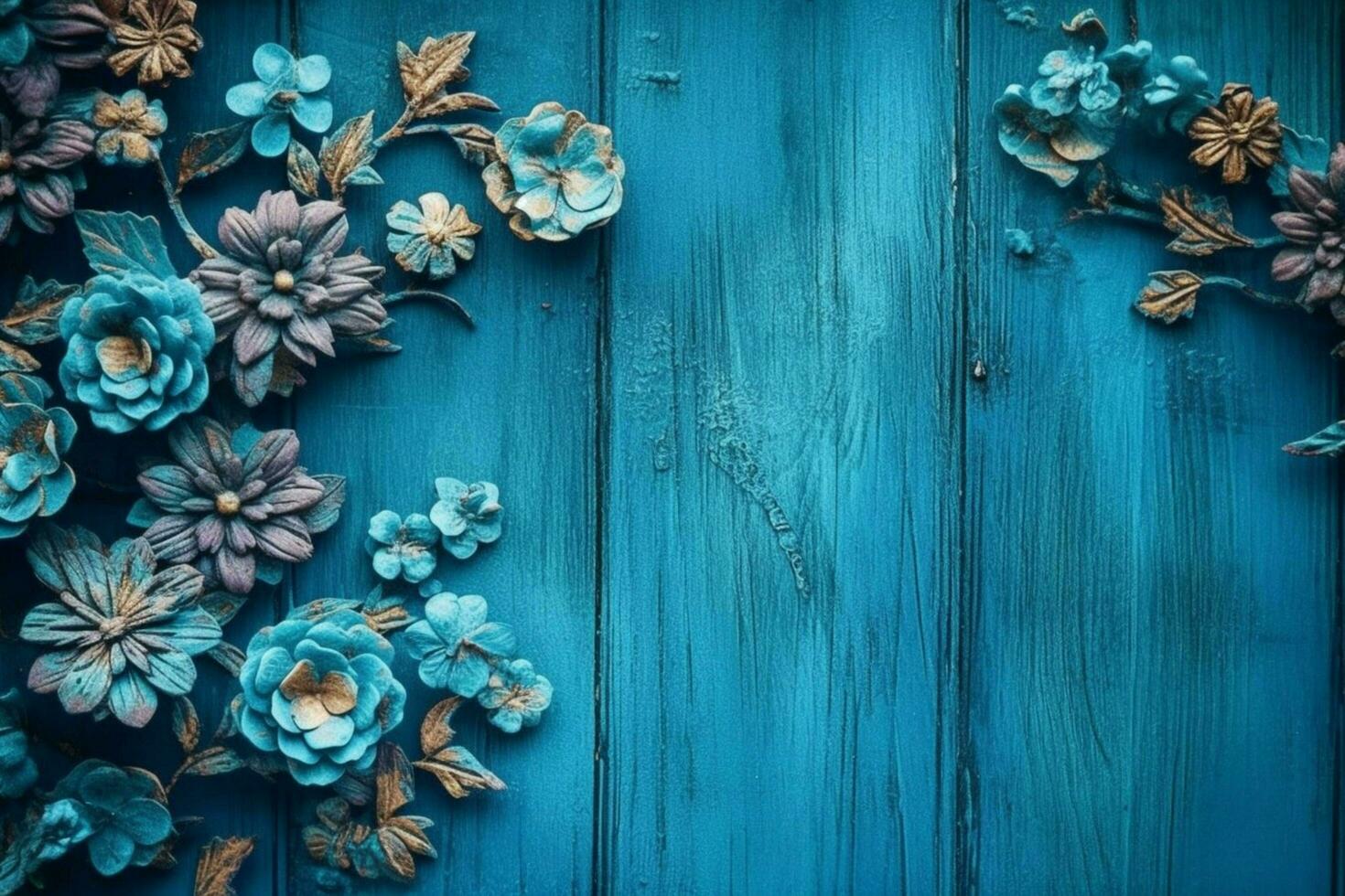 a blue wooden background with flowers on it photo