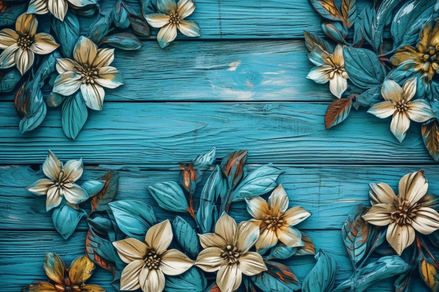 a blue wooden background with flowers on it photo