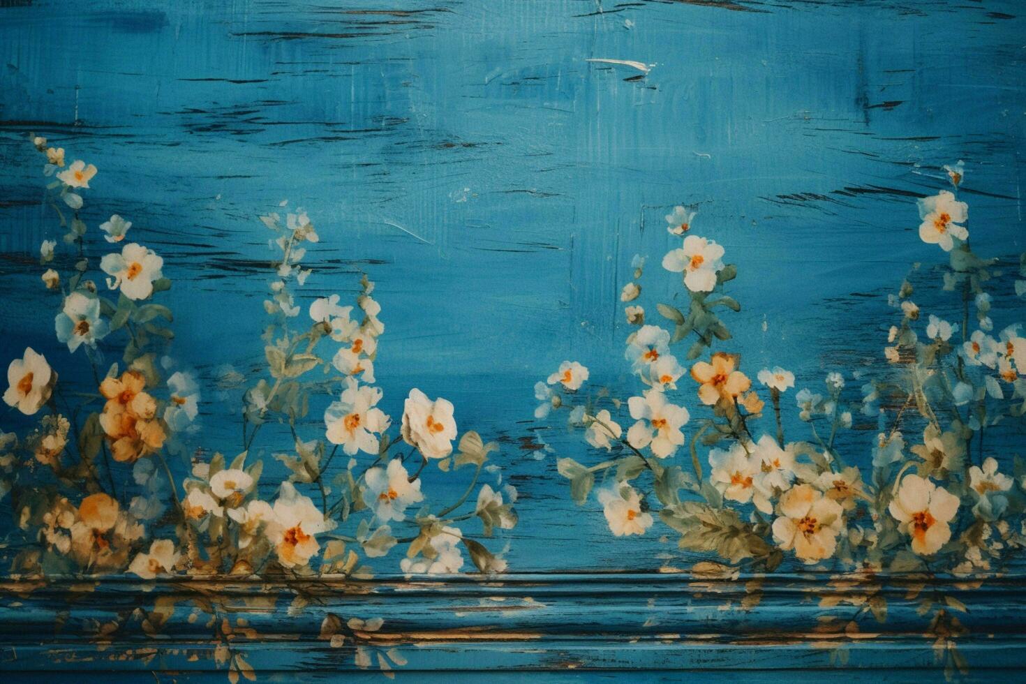 a blue wooden board with flowers on it photo