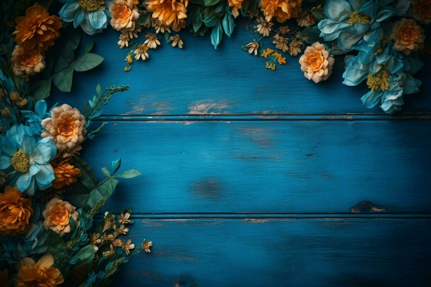 a blue wooden board with flowers on it photo