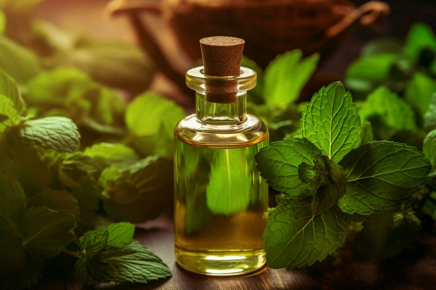 a bottle of essential oil next to a sprig of mint photo