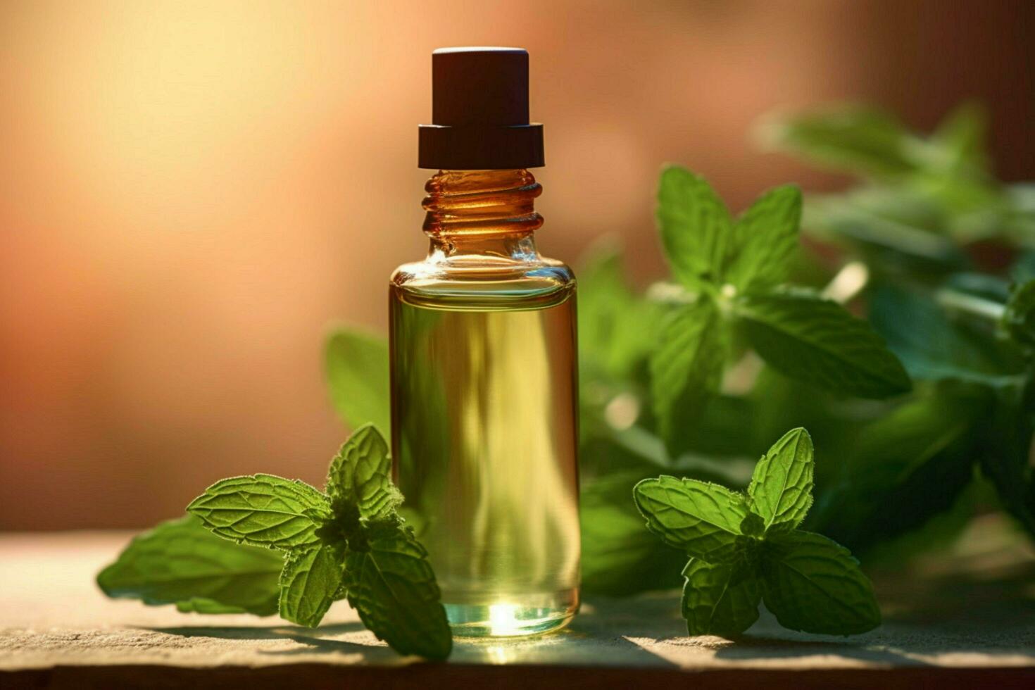 a bottle of essential oil next to a sprig of mint photo