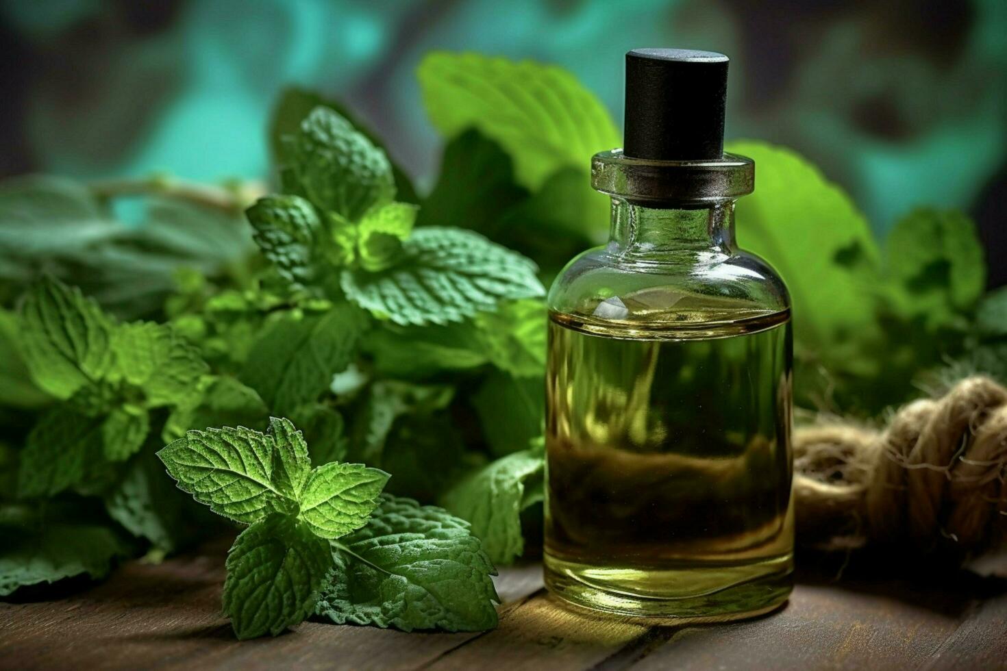 a bottle of essential oil next to a sprig of mint photo