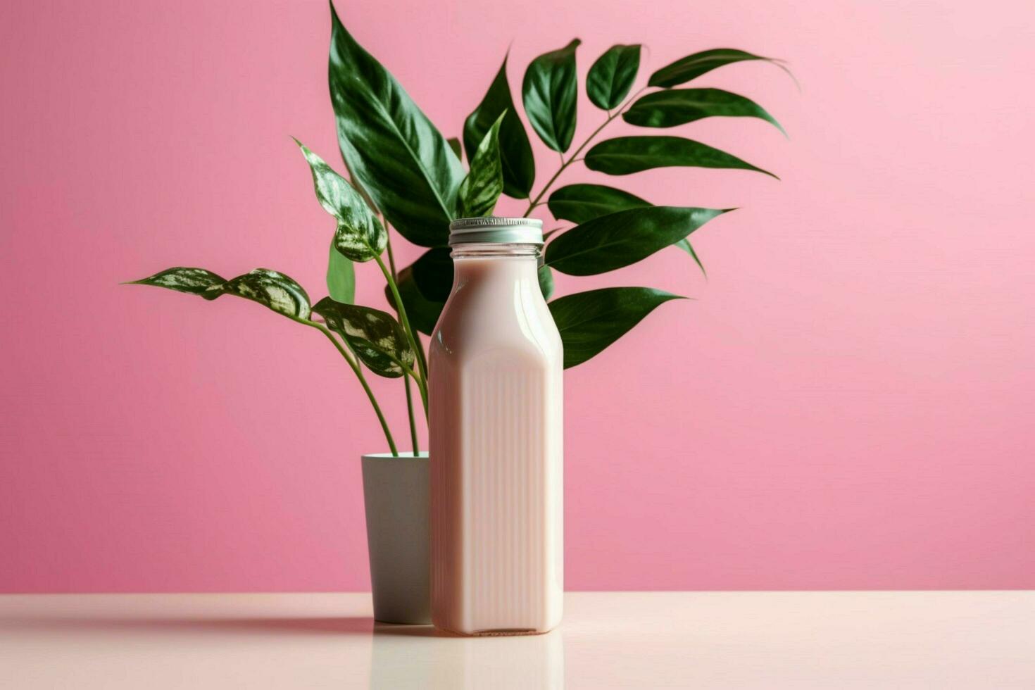 un botella de Leche siguiente a un planta en un rosado antecedentes foto