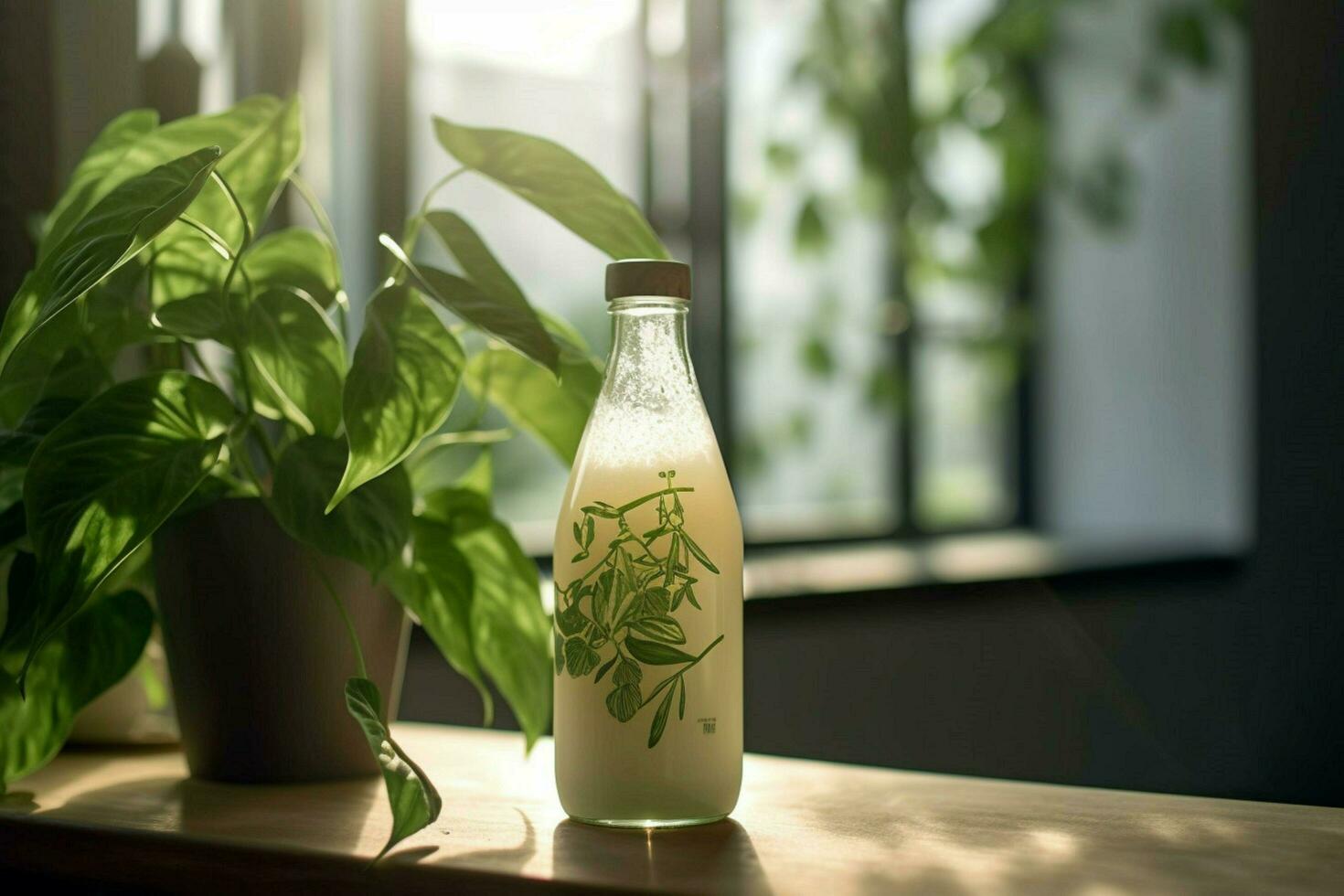a bottle of milk sits on a table next to a plant photo