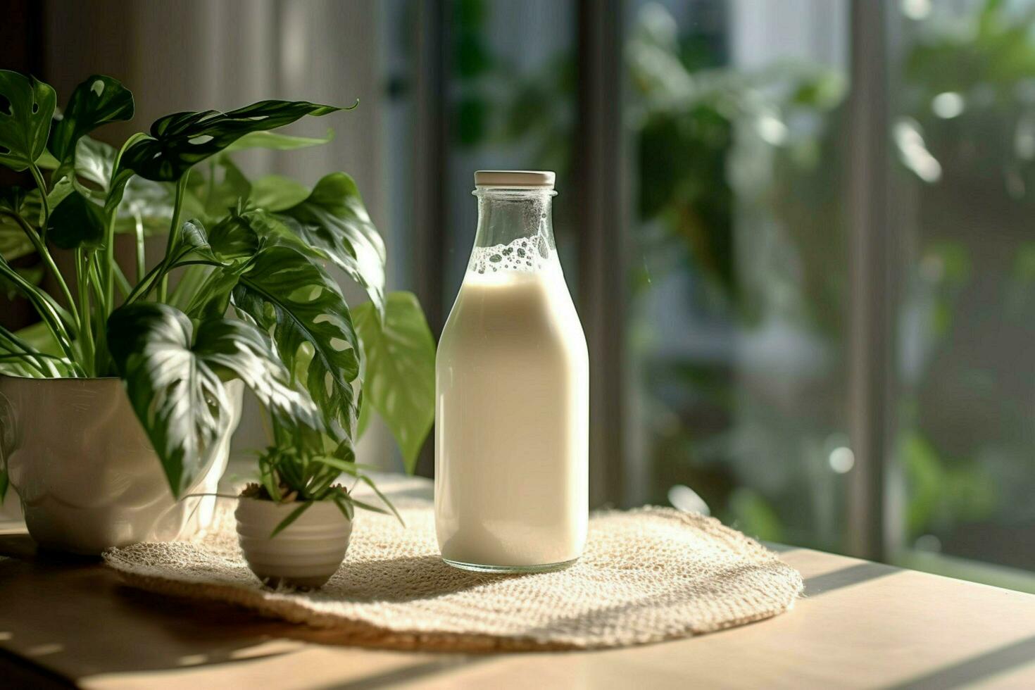 a bottle of milk sits on a table next to a plant photo