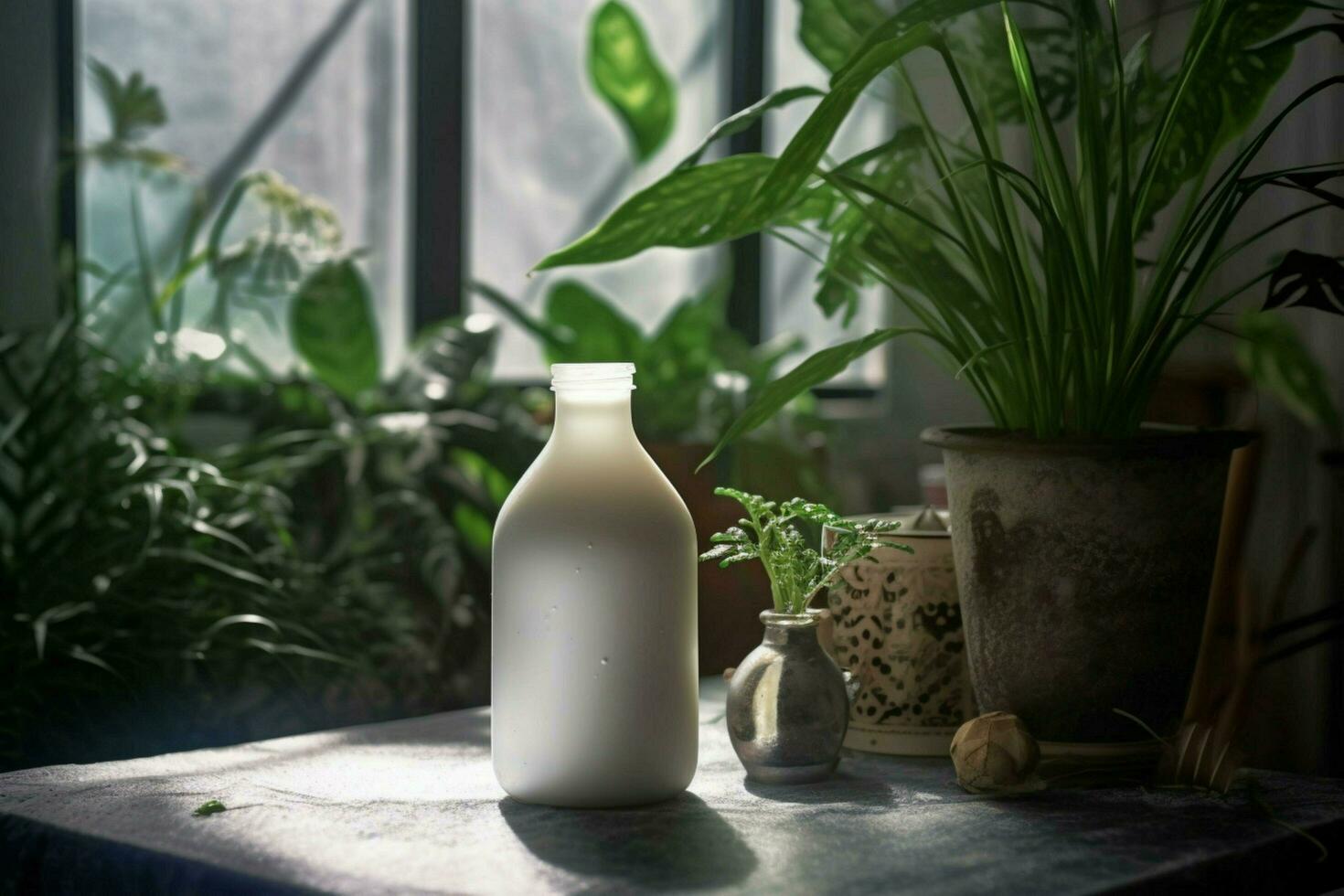 a bottle of milk sits on a table next to a plant photo