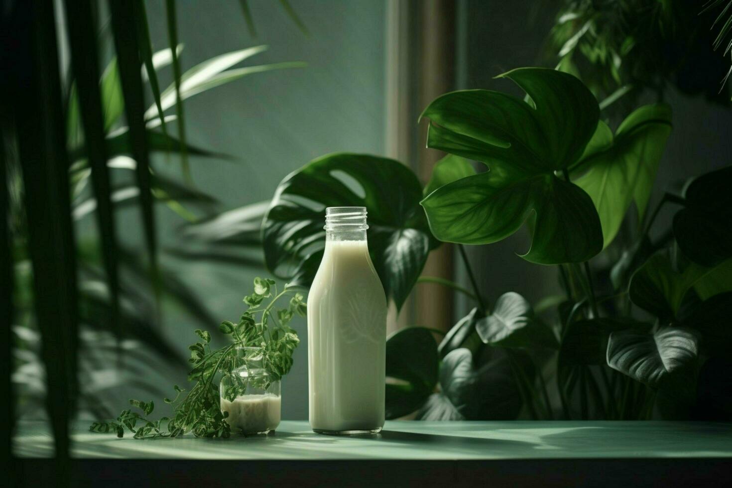 a bottle of milk sits on a table next to a plant photo