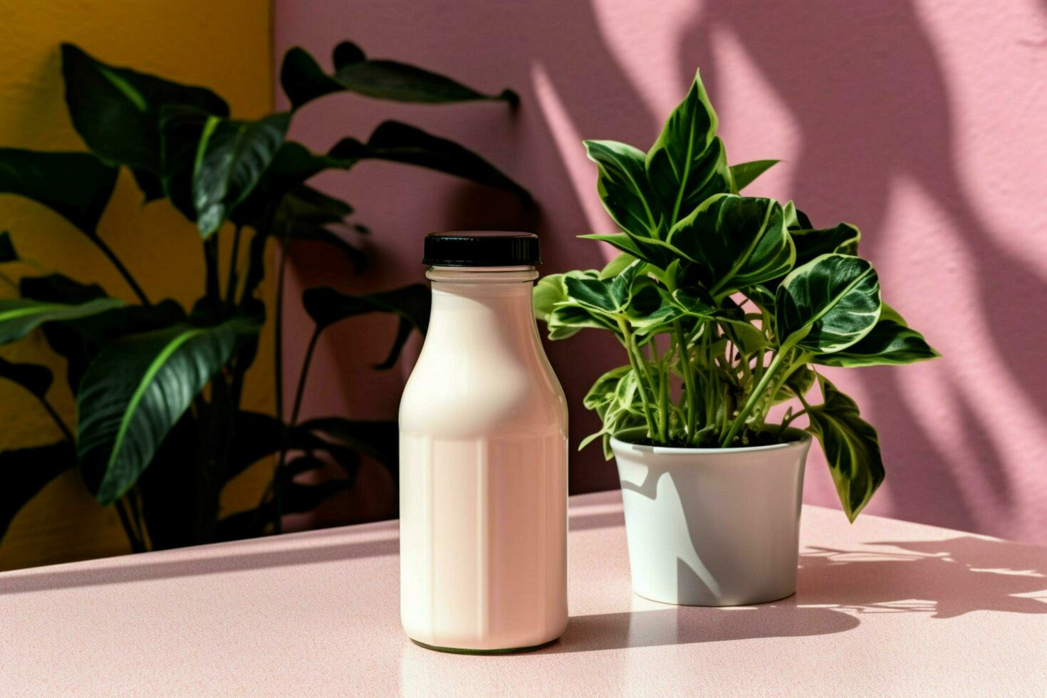 a bottle of milk with a black cap sits on a pink photo