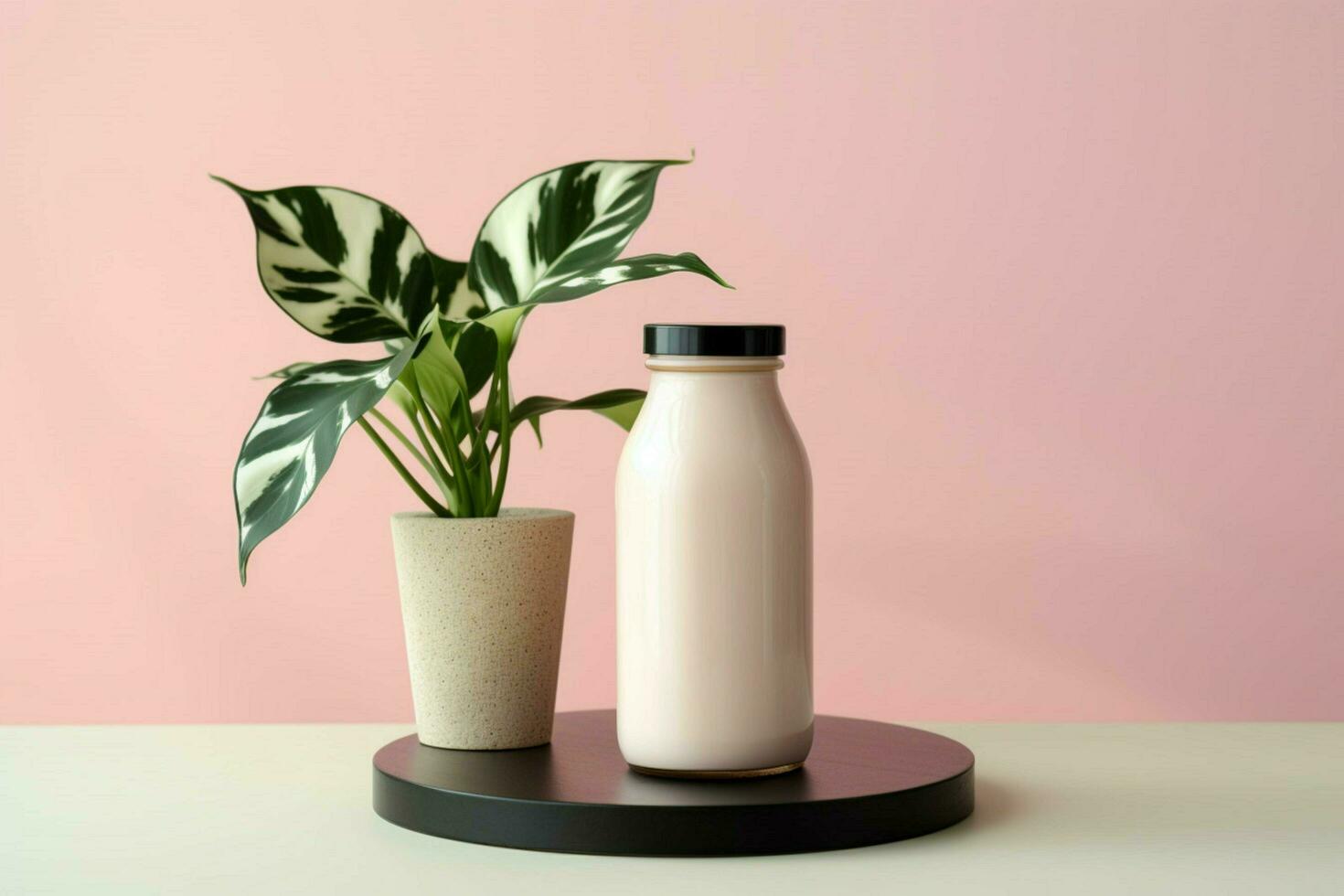 a bottle of milk with a black cap sits on a pink photo
