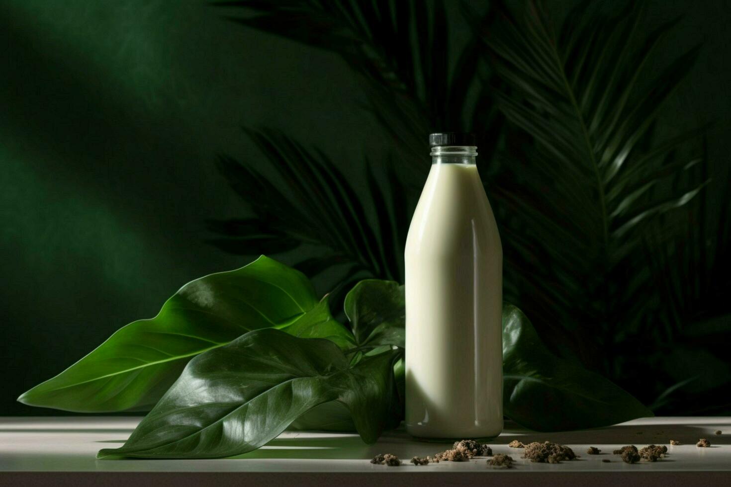 a bottle of milk with a black cap sits on a table photo