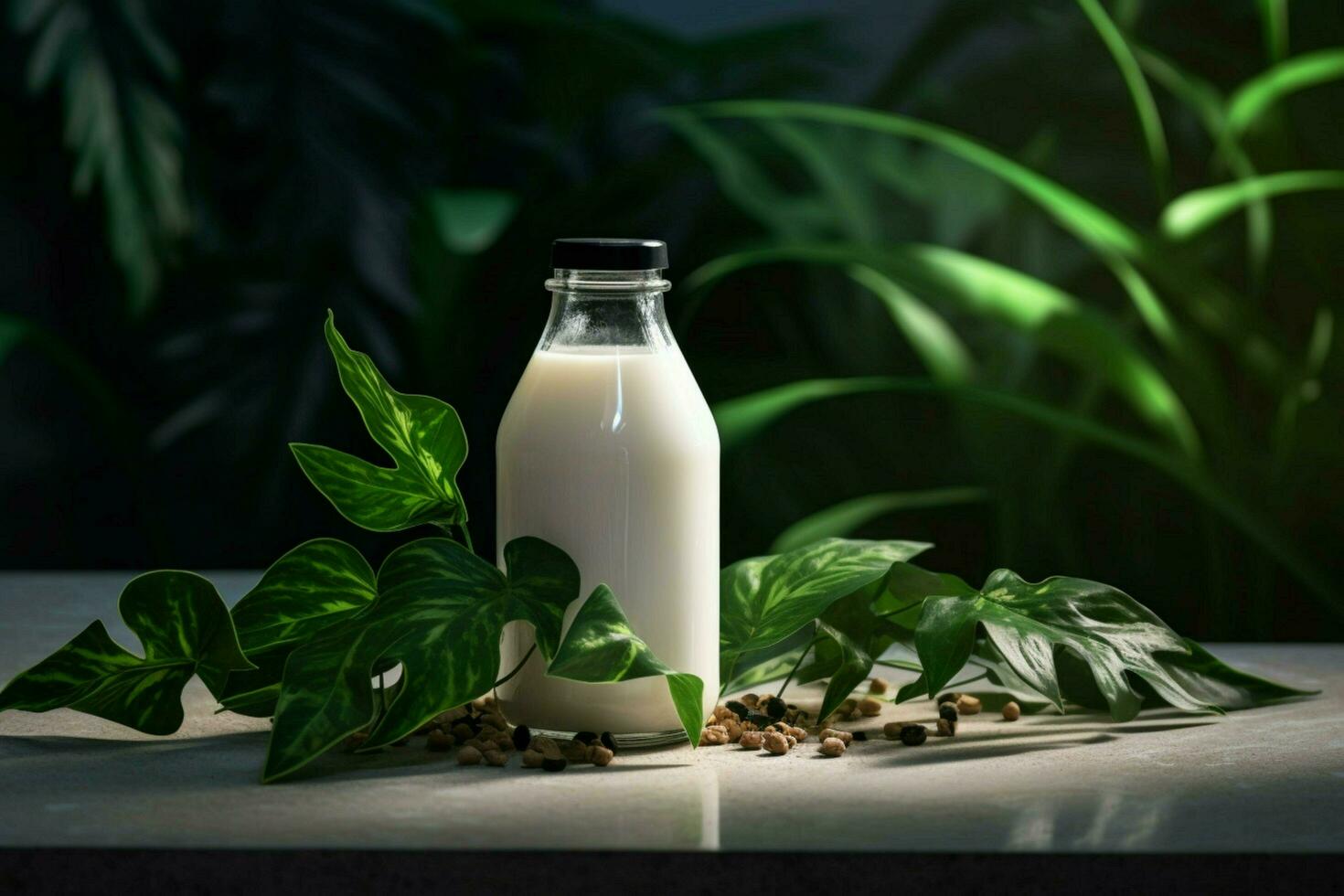 a bottle of milk with a black cap sits on a table photo