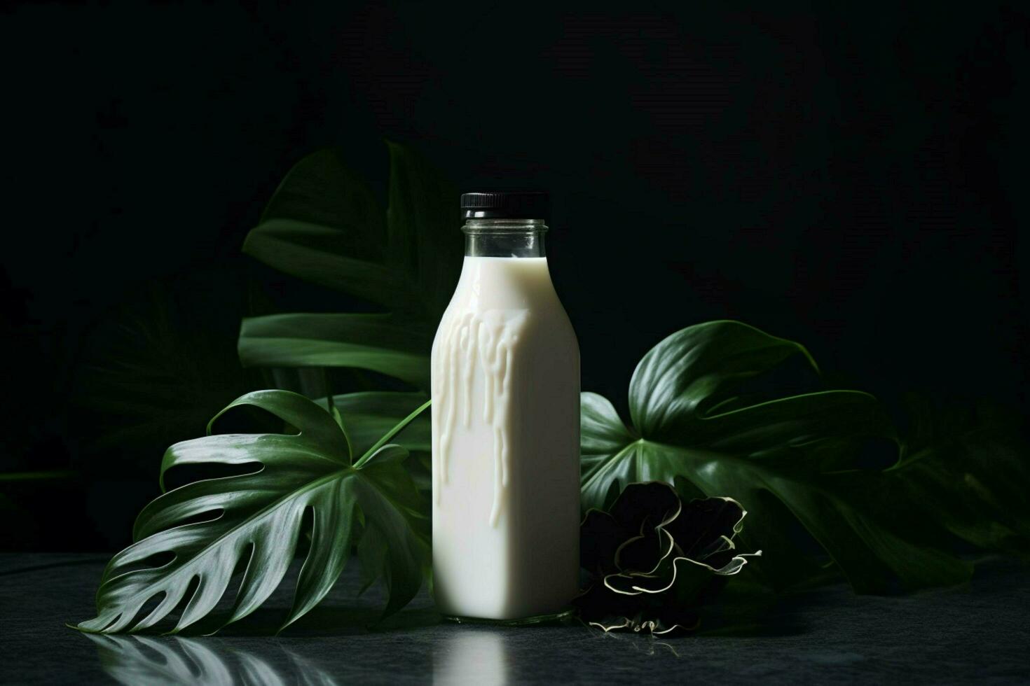 a bottle of milk with a black cap sits on a table photo