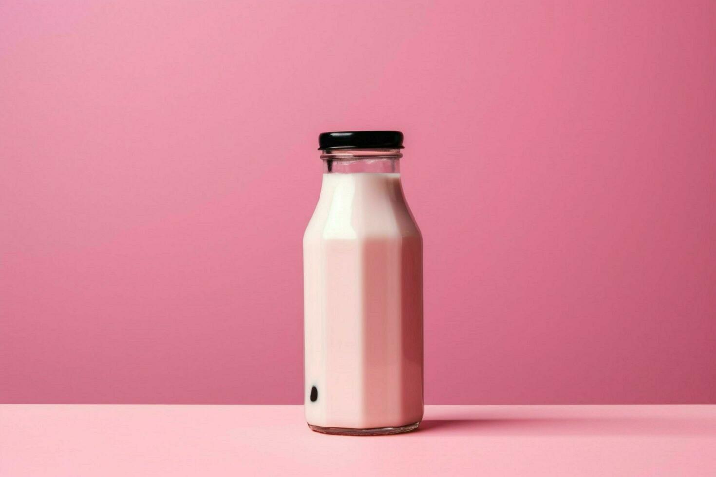 a bottle of milk with a black cap sits on a table photo