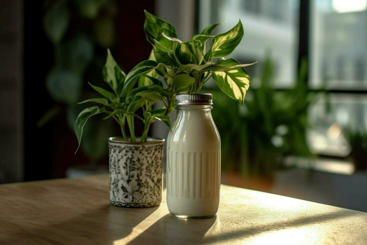 a bottle of milk with a metal lid stands on a tab photo