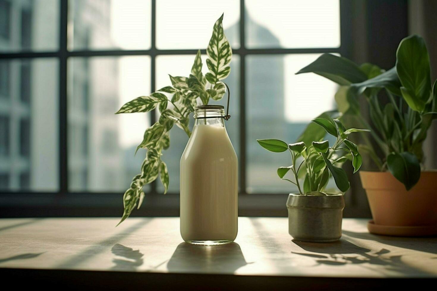 a bottle of milk with a metal lid stands on a tab photo