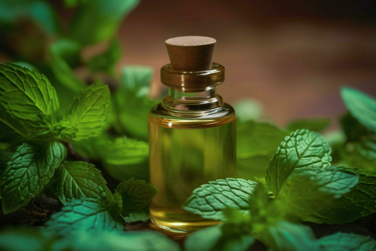 a bottle of mint essential oil next to a sprig of photo