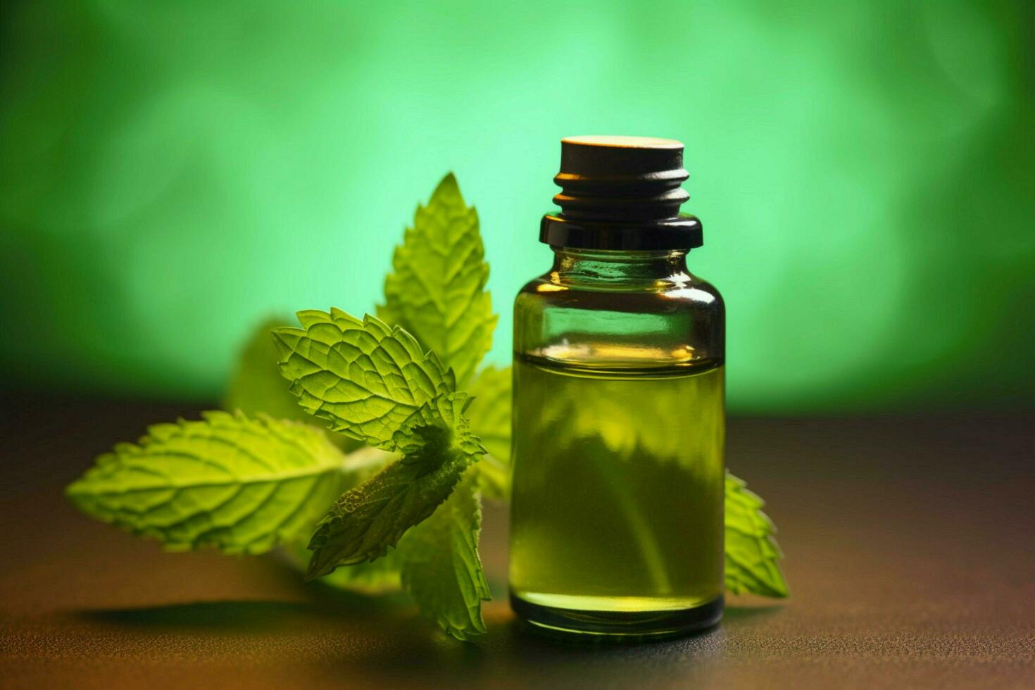 a bottle of mint essential oil with a green leaf photo