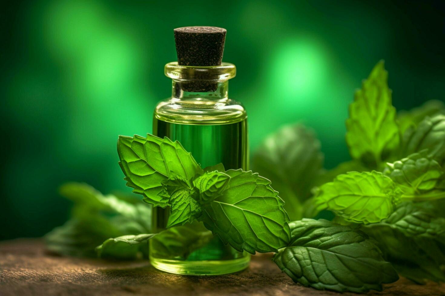 a bottle of mint essential oil with a green leaf photo