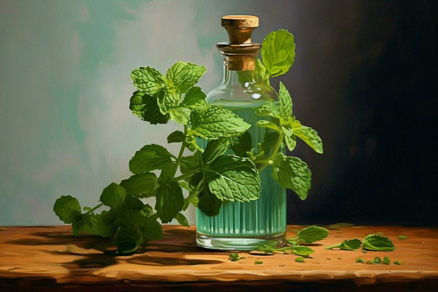 a bottle of mint oil next to a sprig of mint photo