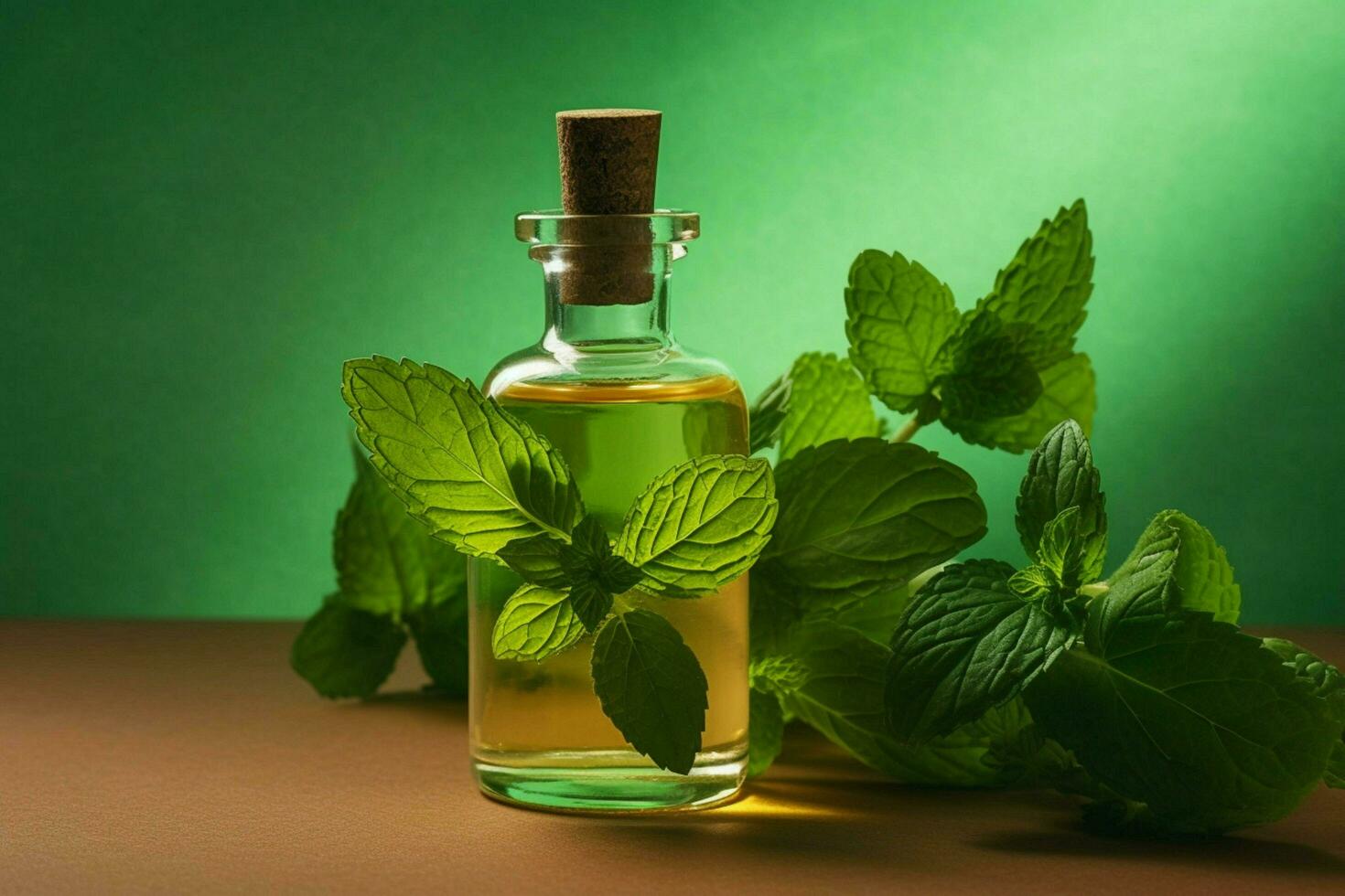 a bottle of mint oil next to a sprig of mint photo