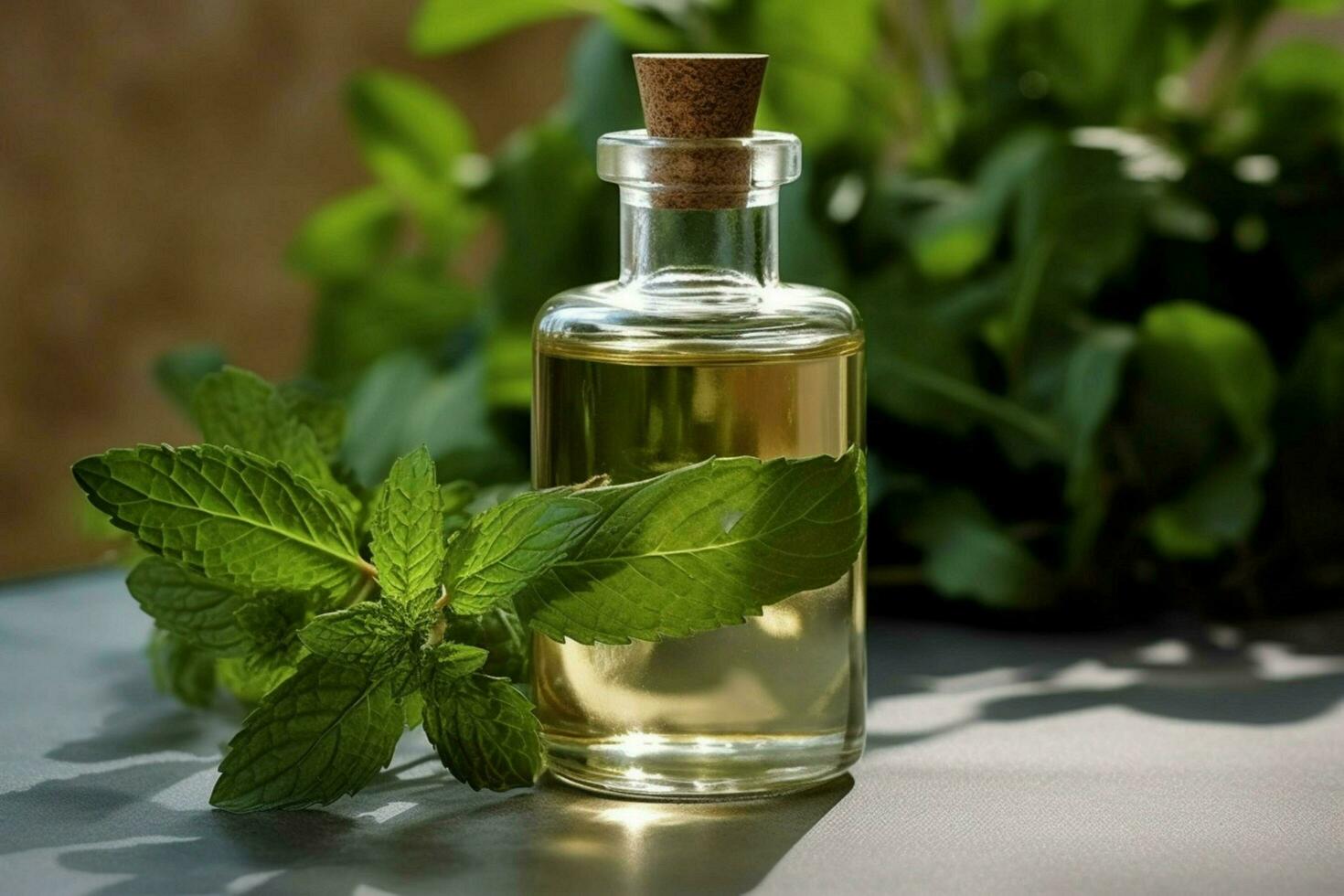 a bottle of mint oil next to a sprig of mint photo