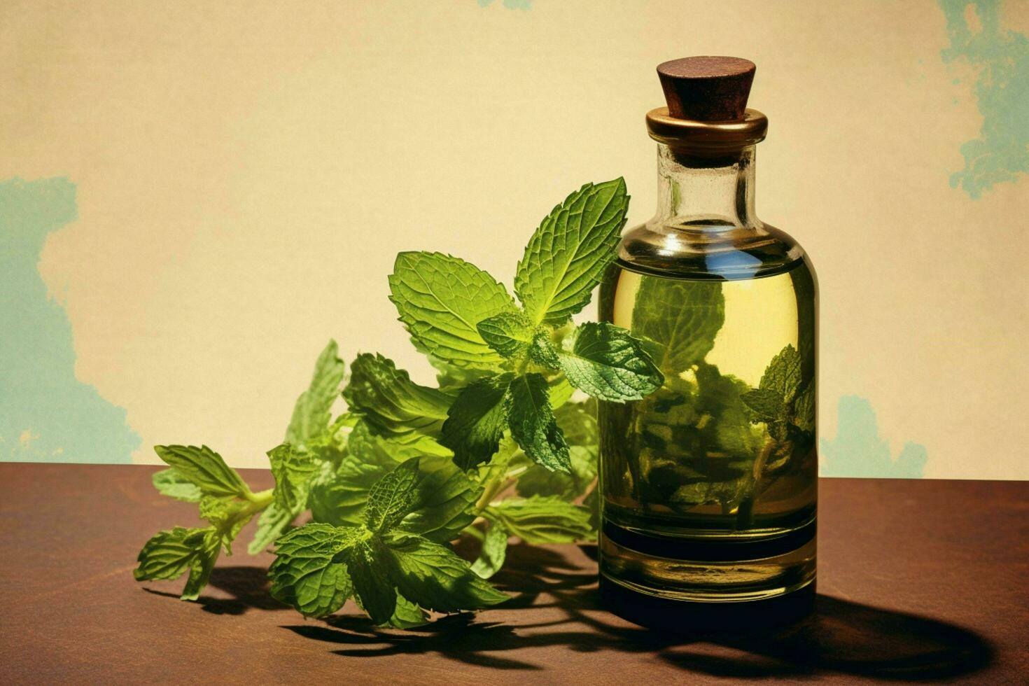 a bottle of mint oil next to a sprig of mint photo